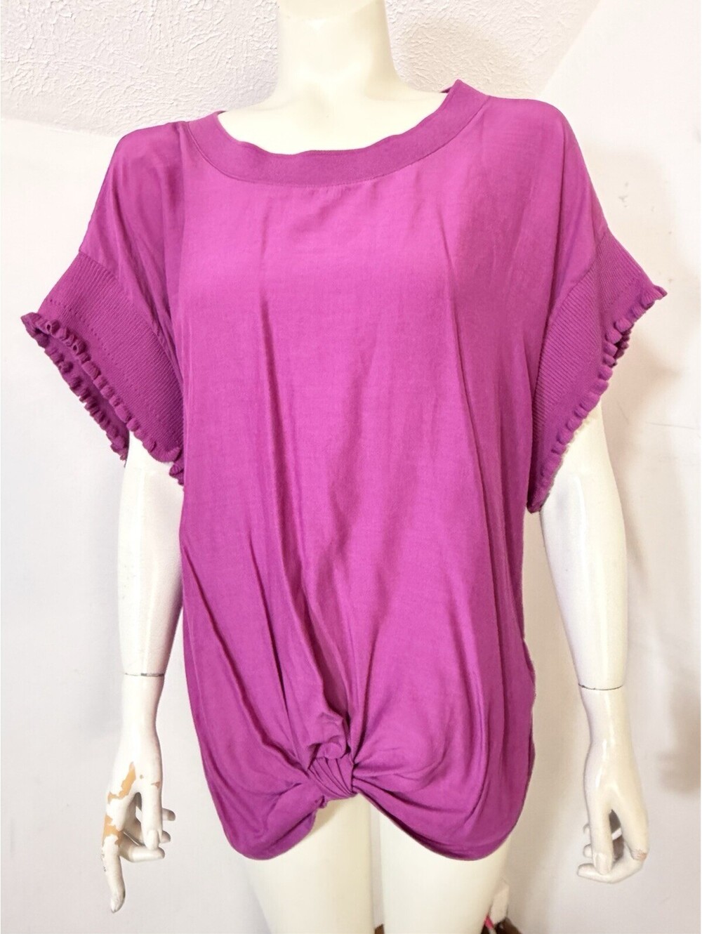 Democracy New Womens XL Magenta Pink Knit Top Tie Front Rib Knit Sleeves